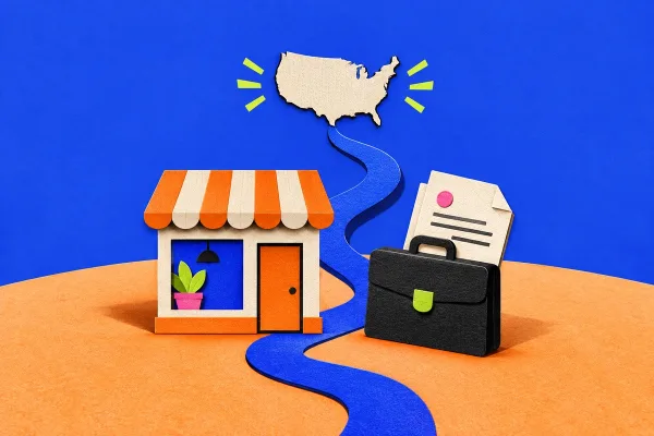 Negocio local conectado por una ruta al mapa de Estados Unidos, símbolo de expandir una empresa internacional mediante una LLC.